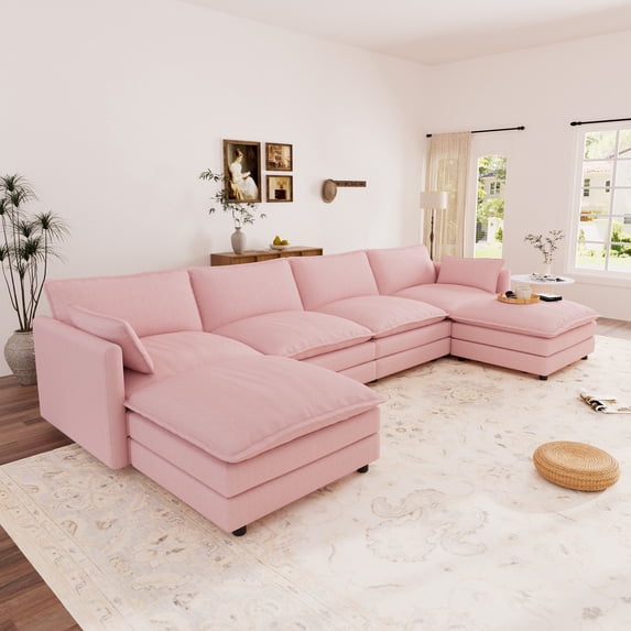 Muumblus 146" Oversized Cloud Sectional Sofa with 2 Movable Ottomans, U-Shaped Deep Seat Couch for Living Room, Pink Chenille