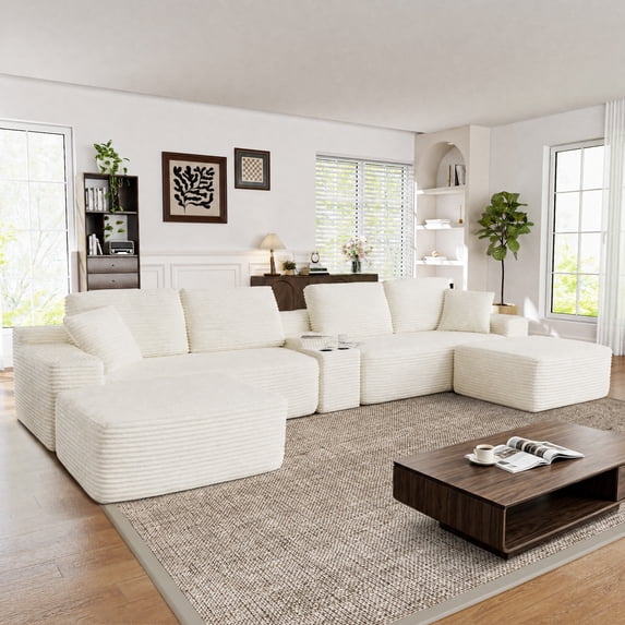 Muumblus 150" Cloud Sectional Sofa with Storage Console, U-Shaped Modular Couch with 2 Ottomans, USB, Cup Holders, Oversized Corduroy Living Room Sofa, Beige