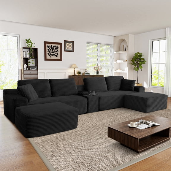 Muumblus 150" Cloud Sectional Sofa with Storage Console, U-Shaped Modular Couch with 2 Ottomans, USB, Cup Holders, Oversized Corduroy Living Room Sofa, Black