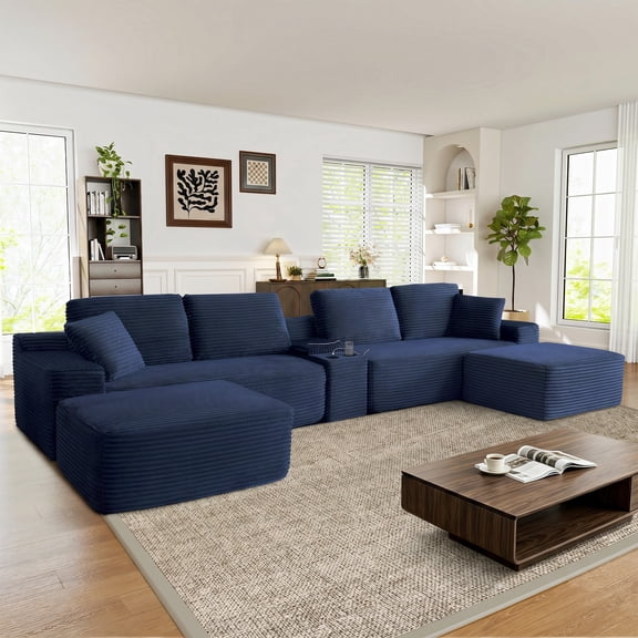 Muumblus 150" Cloud Sectional Sofa with Storage Console, U-Shaped Modular Couch with 2 Ottomans, USB, Cup Holders, Oversized Corduroy Living Room Sofa, Blue