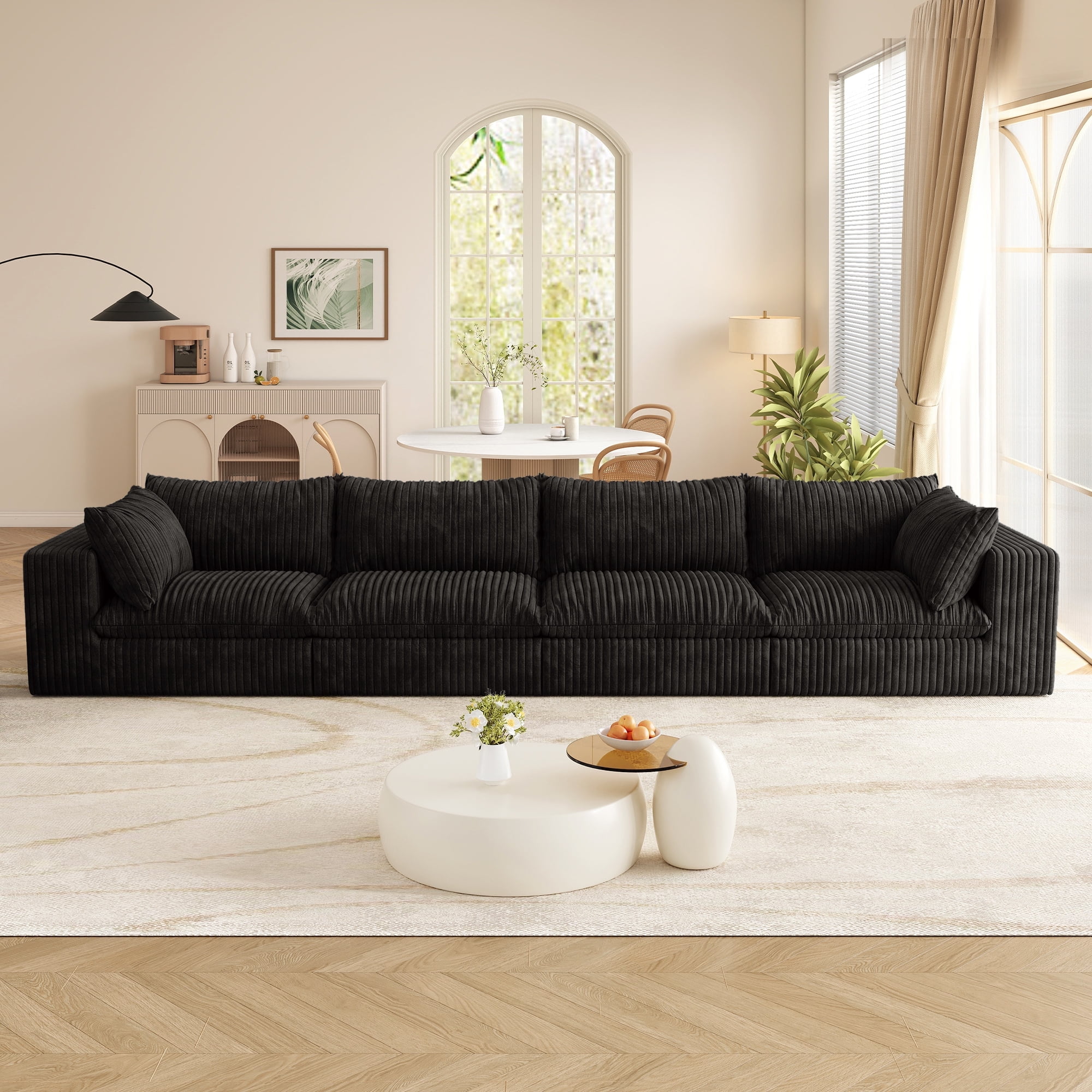 Muumblus 157" Oversized 4-Seater Boneless Sofa, No Assembly Deep Seat Corduroy Cloud Couch, Sleeper Sofa for Living Room, Black