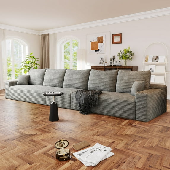 Muumblus 168" Cloud Sectional Sofa, Cozy 5-Seater Modular Sofa, Plush Corduroy Sleeper Bed Couch, No Assembly Required, Gray