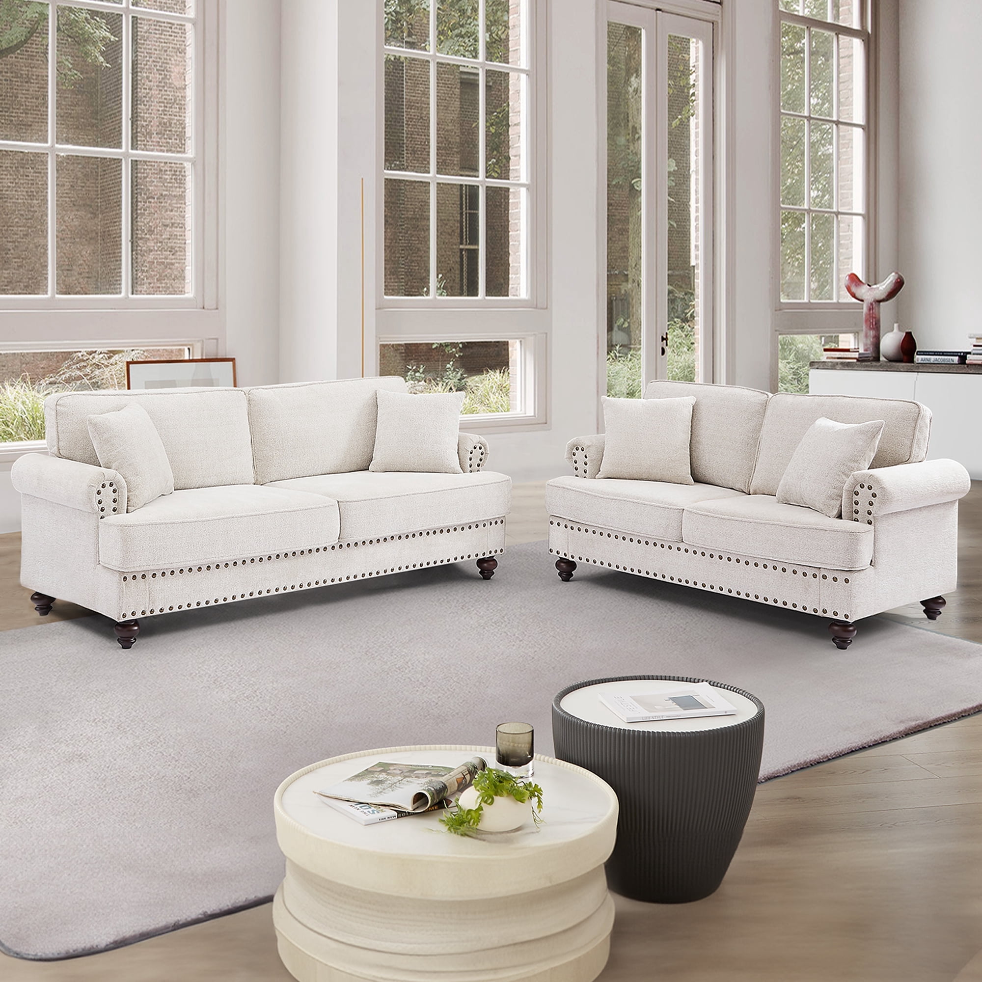 Muumblus 2 Pieces Chenille Living Room Sets with Nailhead, 2 Seater Loveseat Sofa and 3 Seater