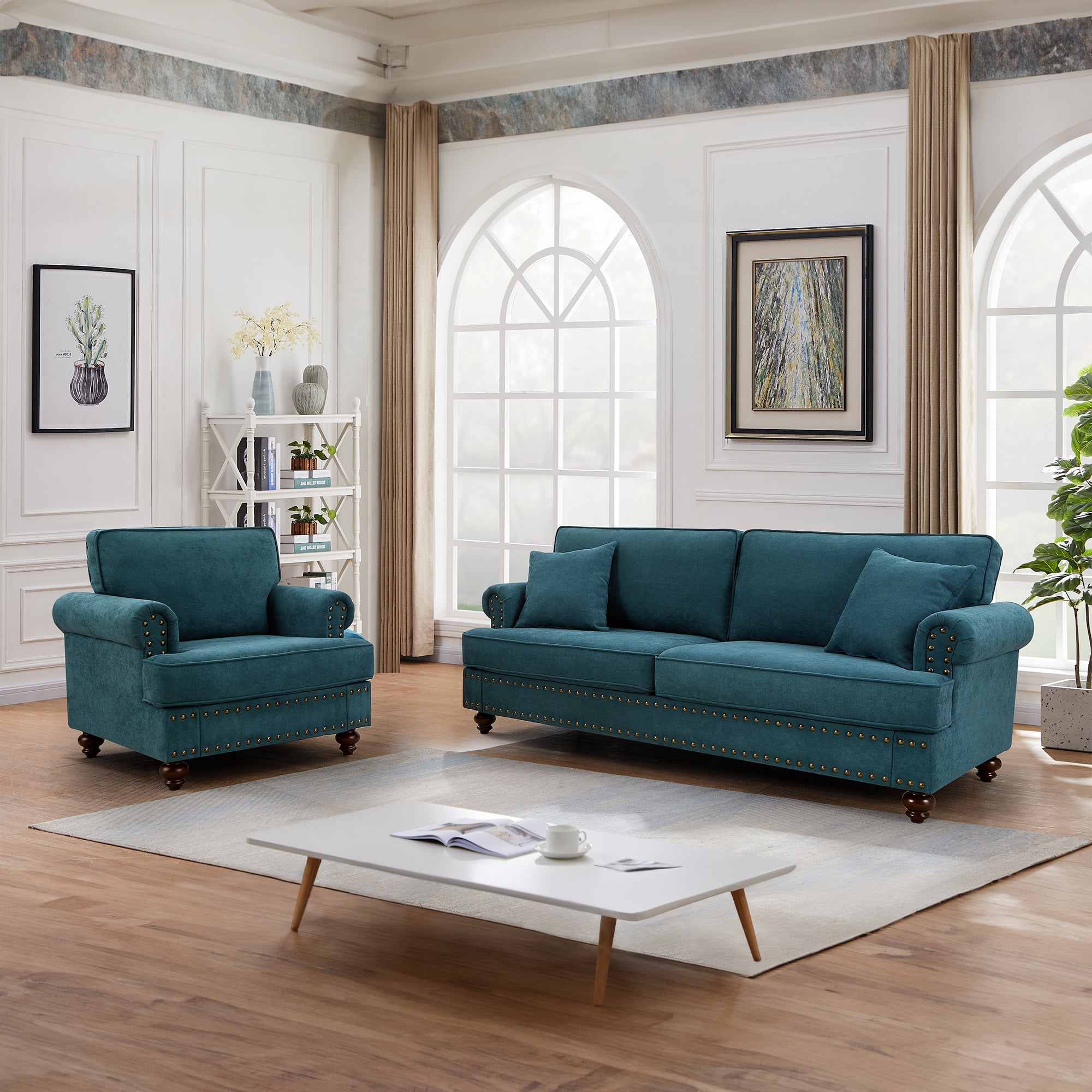 Muumblus 2 Pieces Chenille Living Room Sets with Nailhead, Single Sofa Chair and 3 Seater Sofa