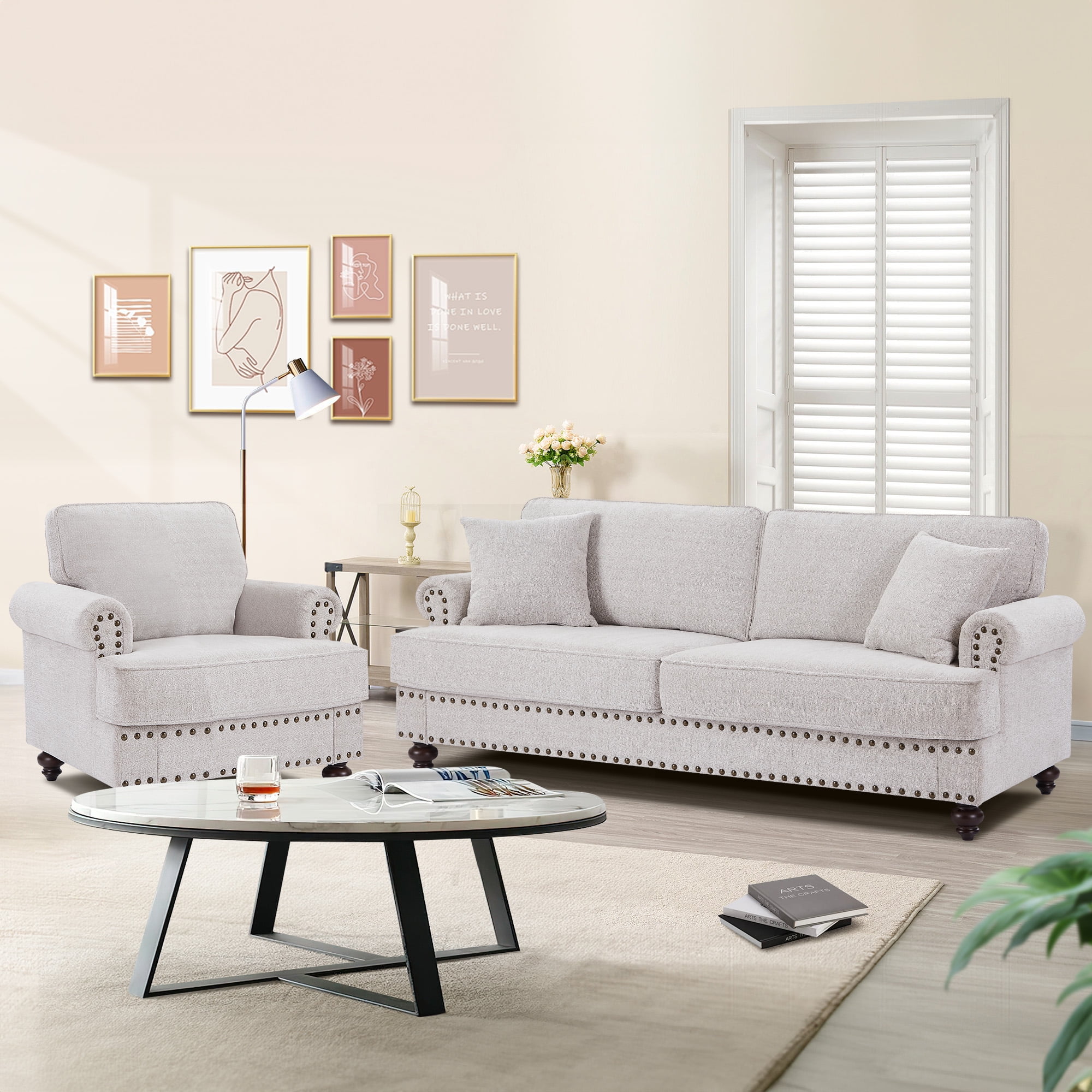 Muumblus Classic Chenille Fabric 2 Pieces Living Room Furniture Sets, Single Sofa Chair and Sofa