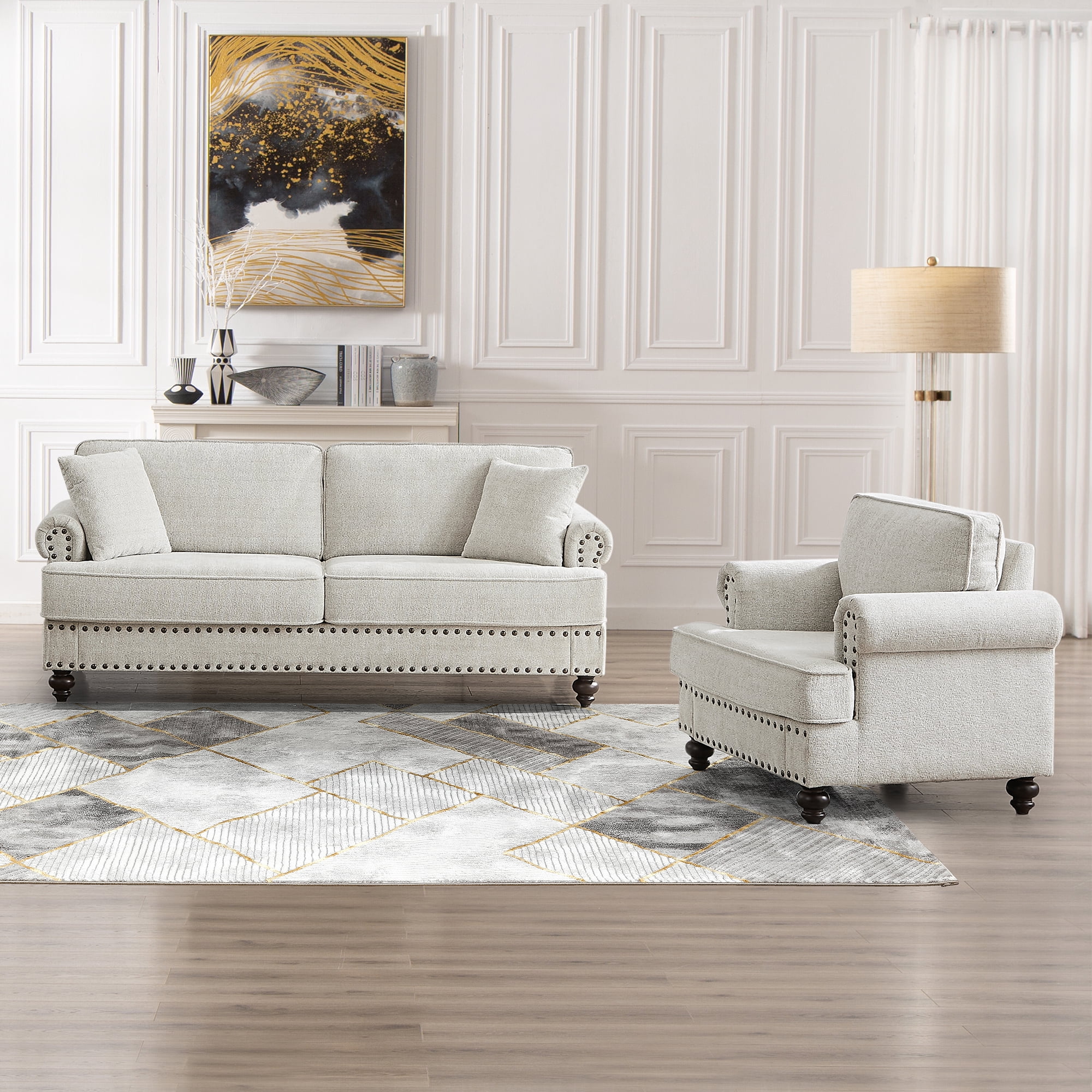 Muumblus 2 Pieces Chenille Living Room Sets with Nailhead, Single Sofa Chair and 3 Seater Sofa
