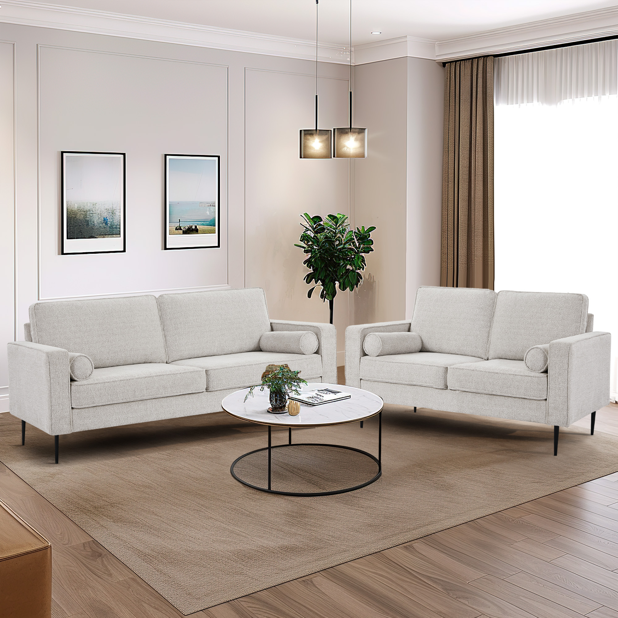 Muumblus 2 Pieces Living Room Sofa Set, Sofa and Loveseat Set, White Chenille