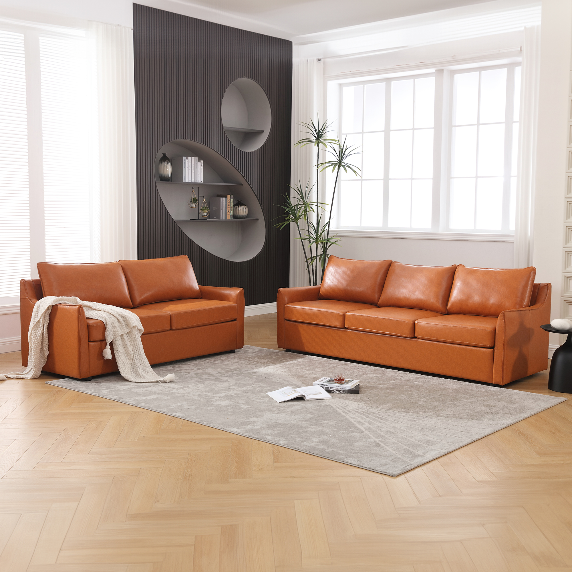 Muumblus Classic 2Piece MidCentury Modern Sofa Set, Brown Faux