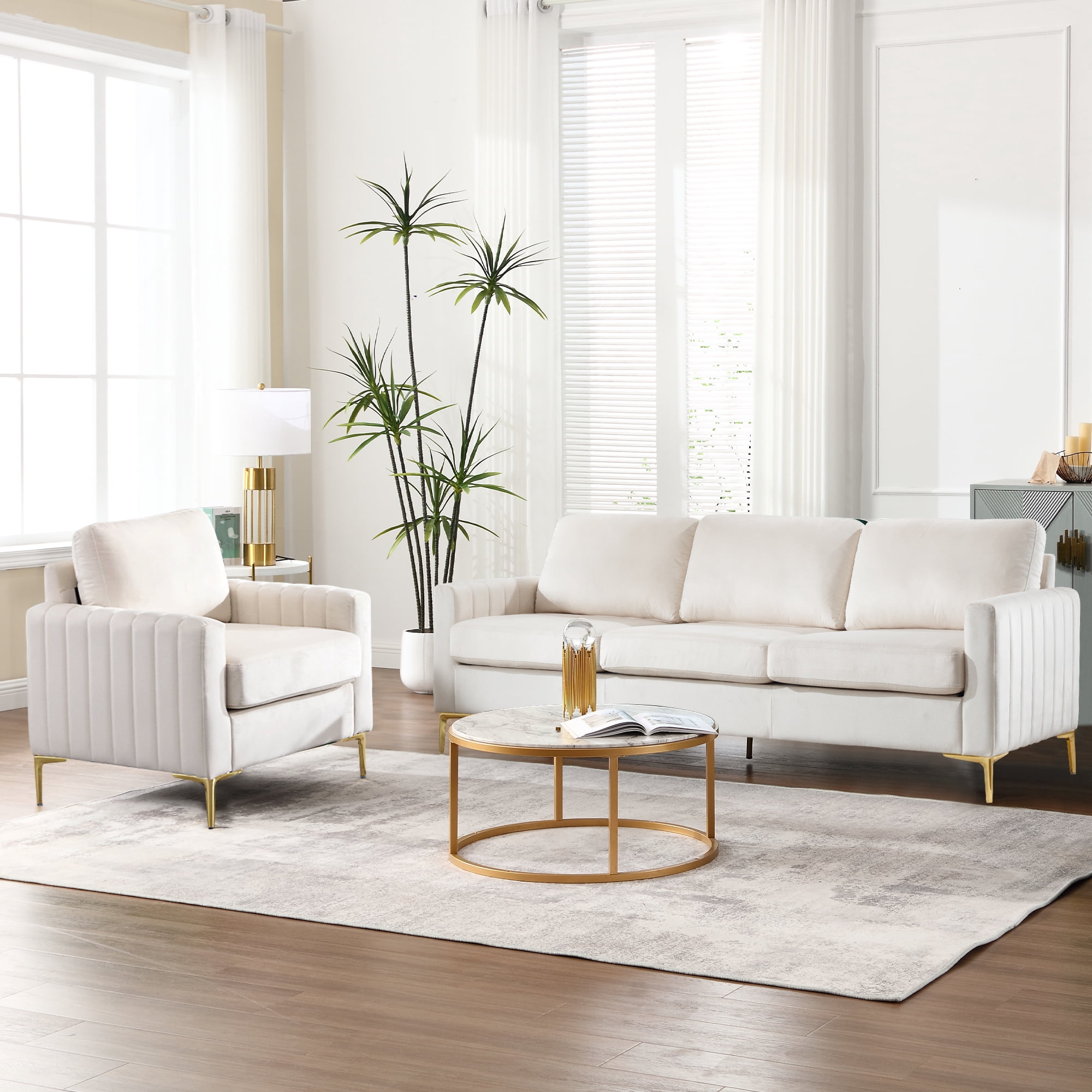 Muumblus 2 Pieces Velvet Living Room Sets, Modern 1 Seater Sofa Chair and 3 Seater Sofa Couch, Beige