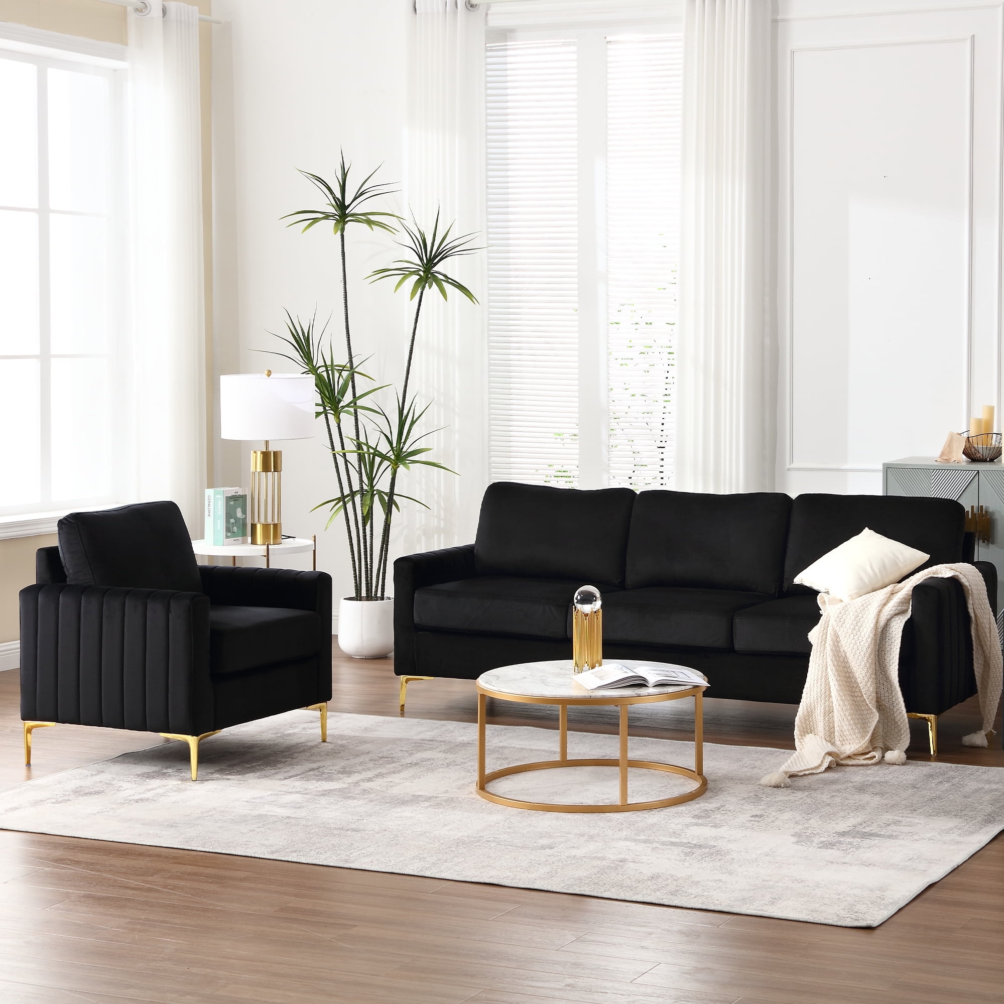 Muumblus 2 Pieces Velvet Living Room Sets, Modern 1 Seater Sofa Chair