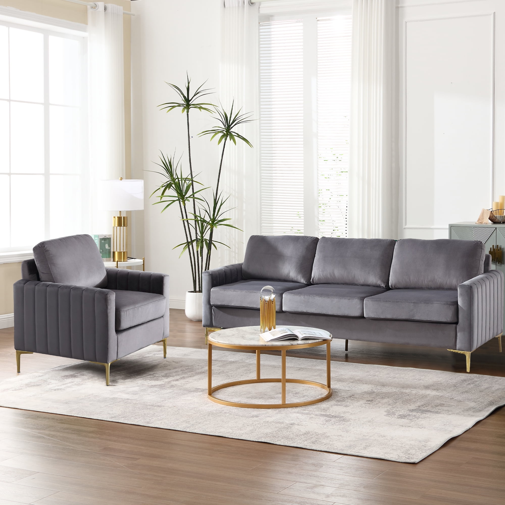 Muumblus 2 Pieces Velvet Living Room Sets, Modern 1 Seater Sofa Chair