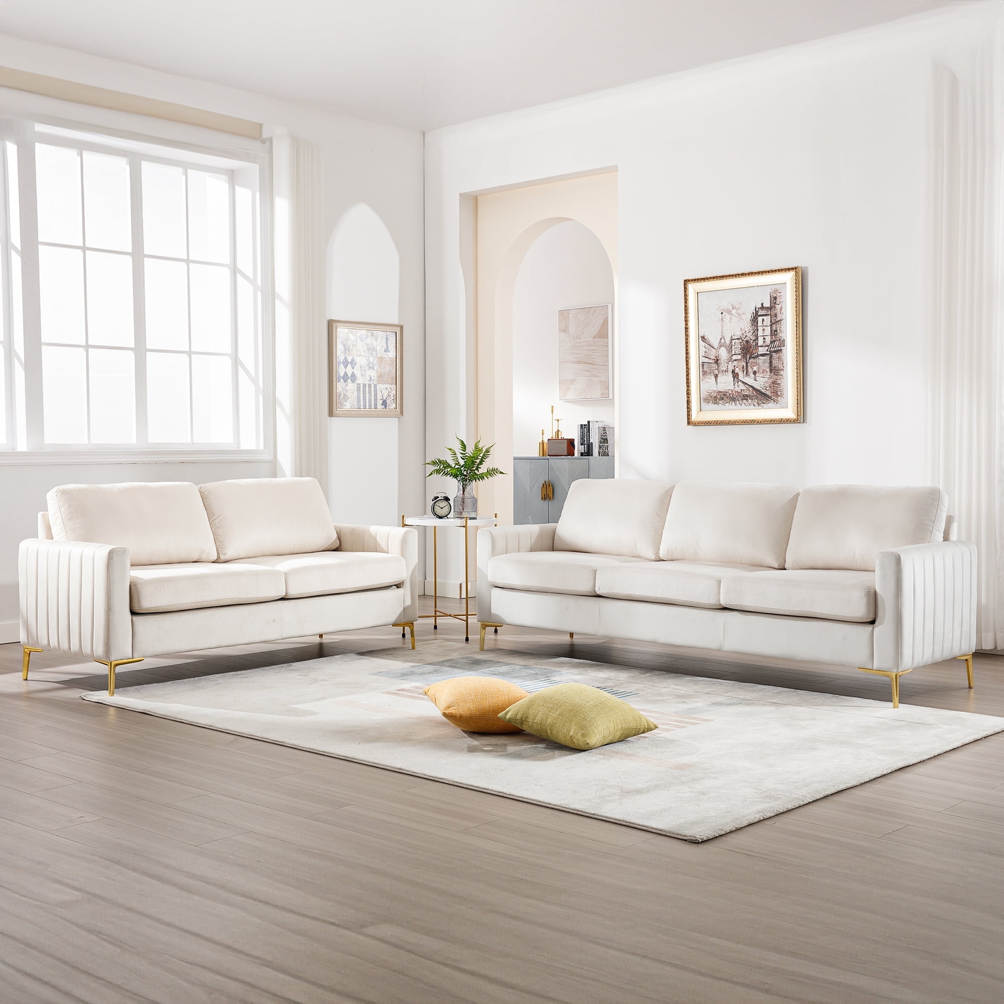 Muumblus 2 Pieces Velvet Living Room Sets Modern 2 Seater Loveseat Sofa and 3 Seater Sofa Couch Beige