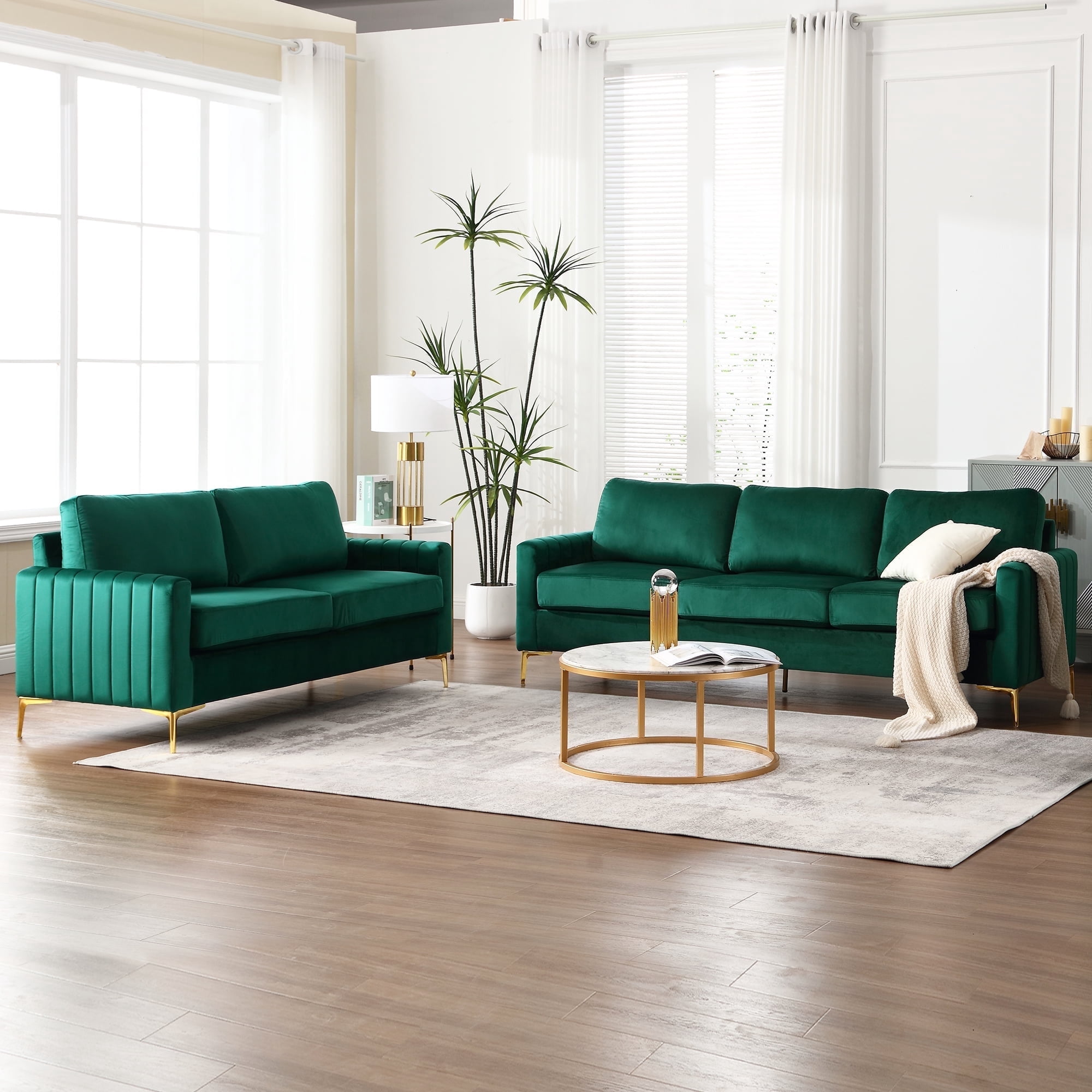 Muumblus 2 Pieces Velvet Living Room Sets, Modern 2 Seater Loveseat Sofa and 3 Seater Sofa Couch, Green