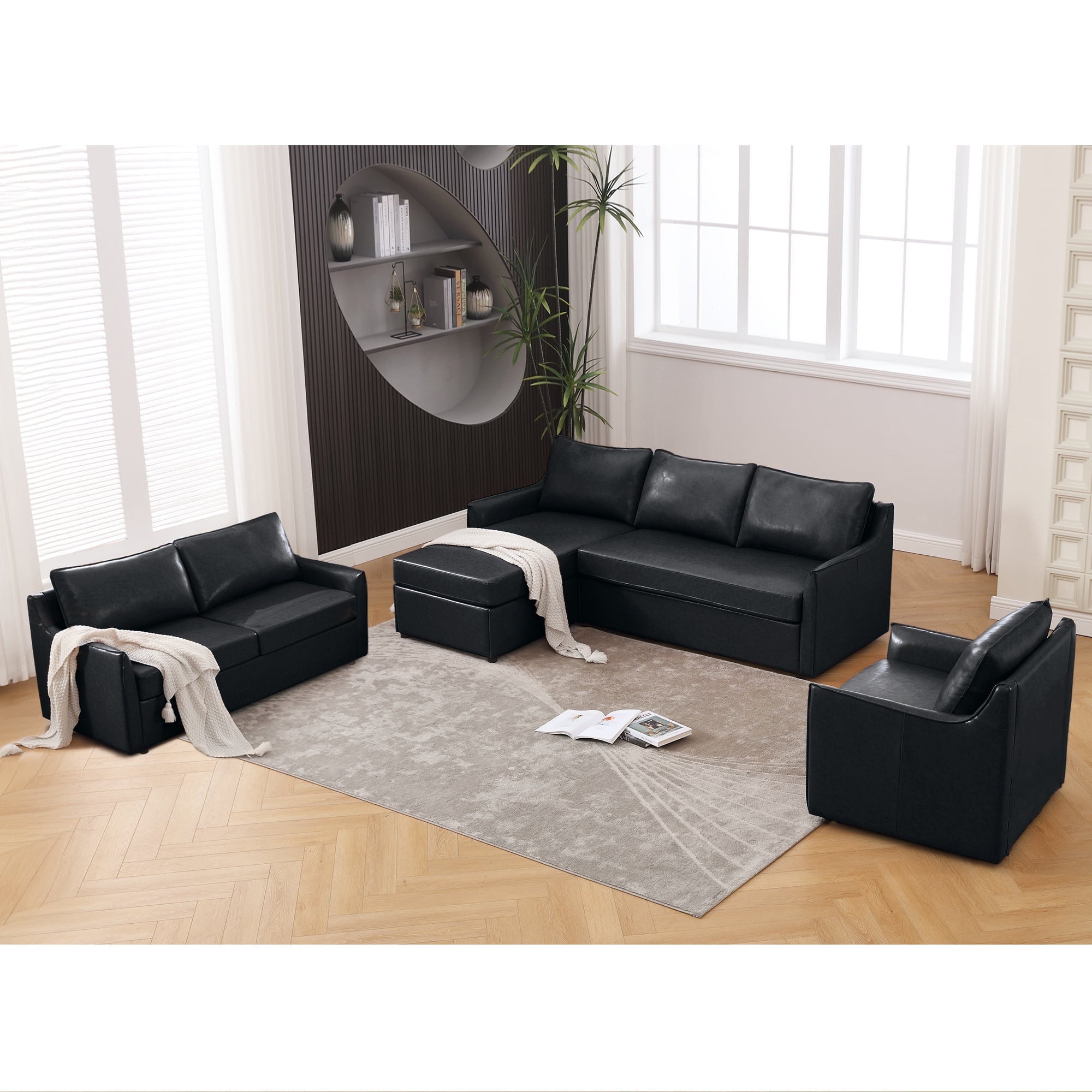 Muumblus Mid-Century Modern 3-Piece Living Room Sofa Set, Single Chair, Loveseat, L-Shaped ...