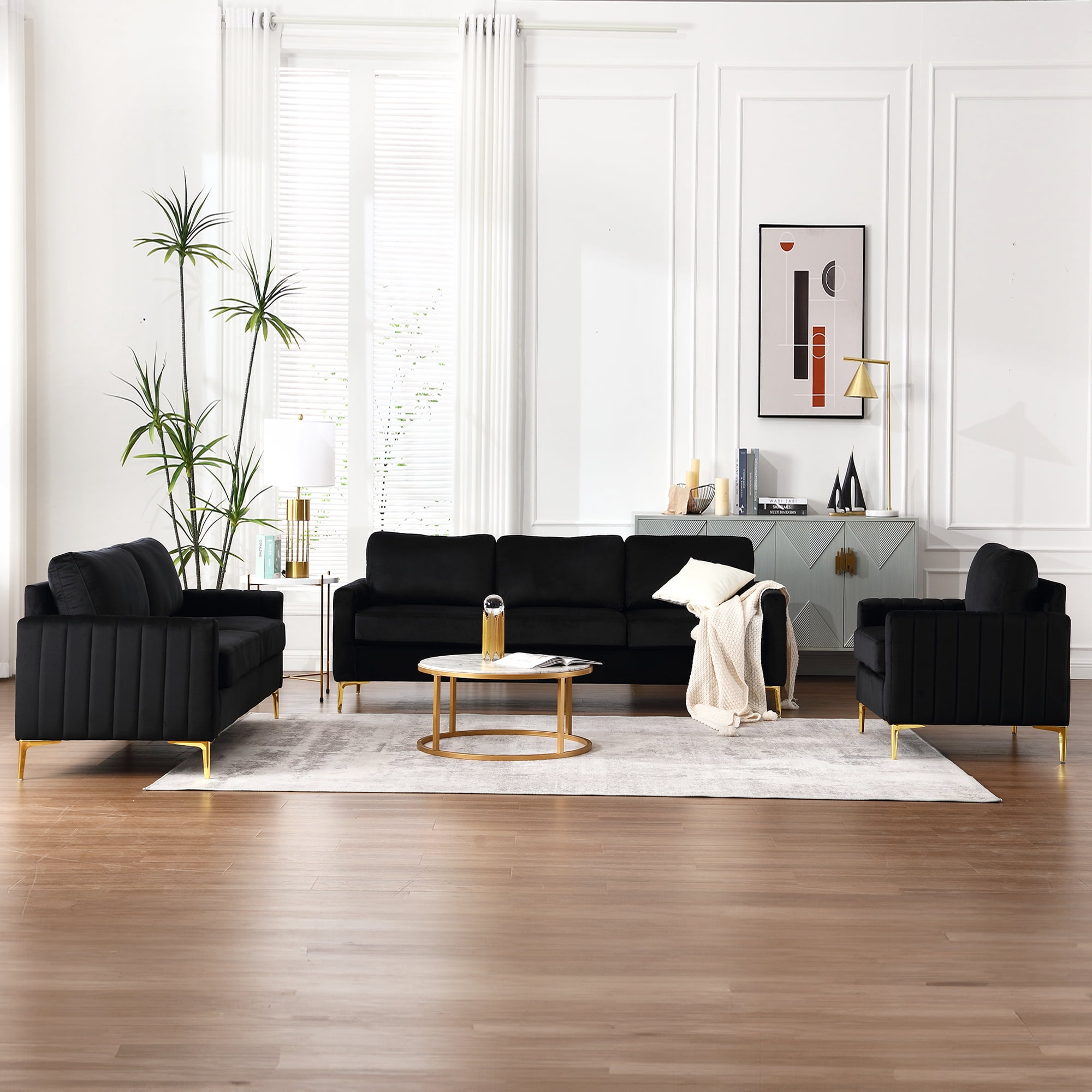 Muumblus Velvet 3 Piece Modern Living Room Furniture Sofa Set, Black