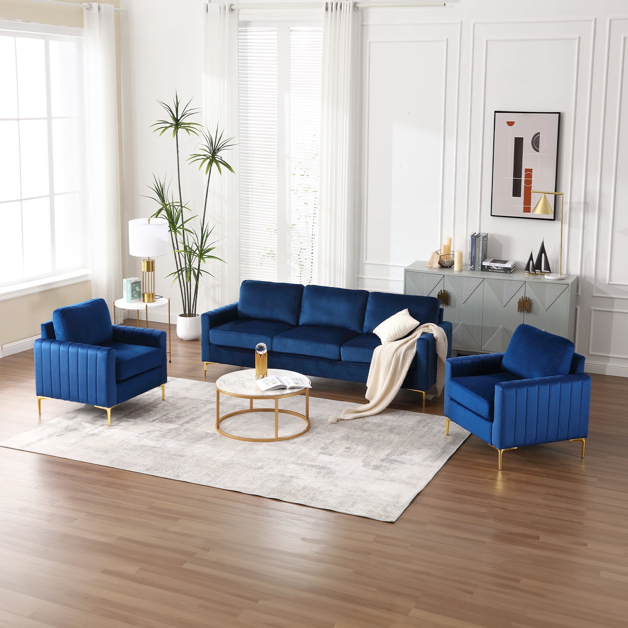 Muumblus 3 Pieces Velvet Living Room Furniture Sets, Modern Two Single Sofa Chairs and One 3-Seater Sofa Couch, Navy Blue