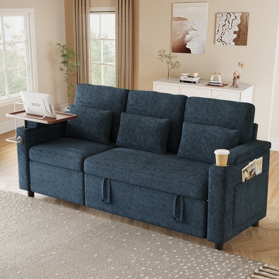 Muumblus 3-in-1 Convertible Sectional Sleeper Sofa with Recliner, Side Table & USB, 3-Seater Pull Out Couch Bed for Living Room, Blue Chenille
