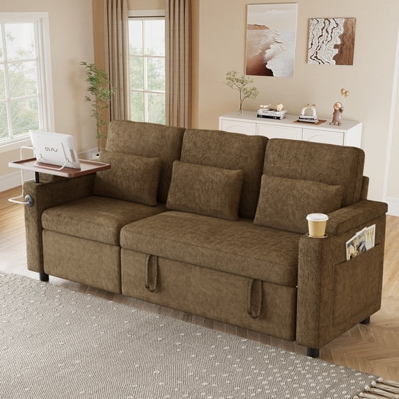 Muumblus 3-in-1 Convertible Sectional Sleeper Sofa with Recliner, Side Table & USB, 3-Seater Pull Out Couch Bed for Living Room, Khaki Chenille
