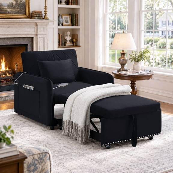 Muumblus 3-in-1 Convertible Sleeper Chair Bed, Adults Single Sofa Bed with USB & Adjustable Backrest, Indoor Chaise Lounge for Small Spaces, Black Velvet