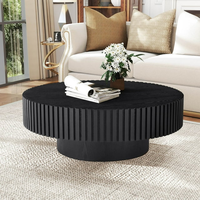 Muumblus 31.5" Round Wood Coffee Table, Modern Unique Fluted Accent Center Table for Living Room, Black
