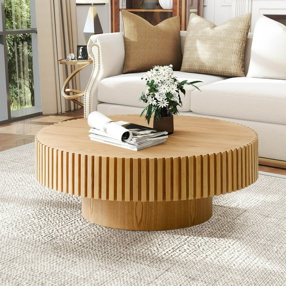 Muumblus 39.37" Large Round Wood Coffee Table, Modern Unique Fluted Accent Center Table for Living Room, Natural Ash
