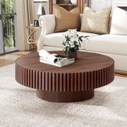 Muumblus 39.37" Large Walnut Coffee Table, Round Wood Modern Unique Fluted Accent Center Table for Living Room