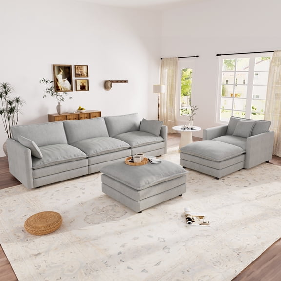 Muumblus 4 Pieces Living Room Furniture Sets, Modular L-Shaped Sofa and Chaise Lounge Chair with 2 Movable Ottoman, Gray Chenille
