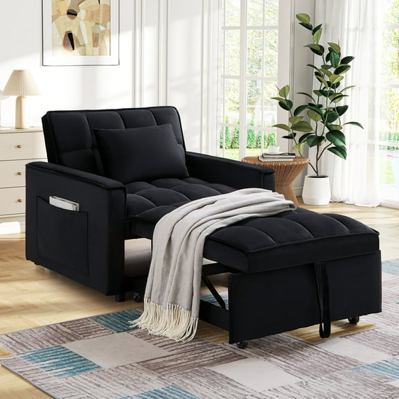 Lunale 4-in-1 Convertible Sleeper Sofa Chair Bed for Adult, Lounge Chair Indoor, Modern Single Couch for Living Room, Small Spaces, Black Velvet