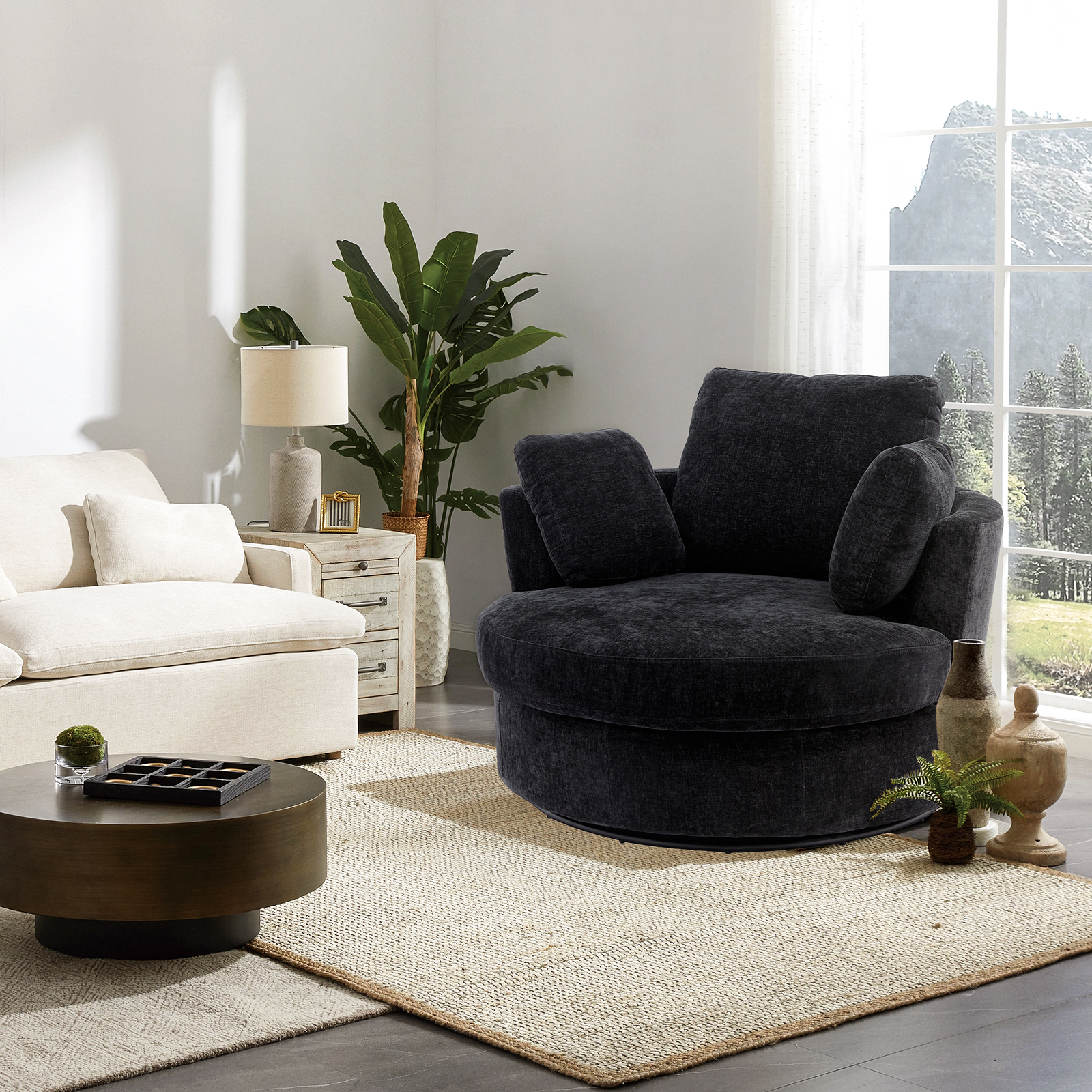 Muumblus 42.2"W Chenille Swivel Chair, Modern Oversize Armchair Comfy Club Chair Sherpa Chir for Bedroom Living Room, Black