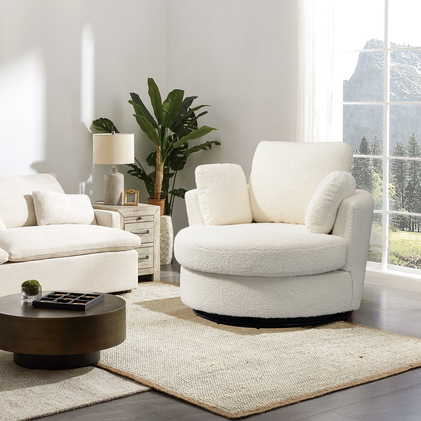 Muumblus Large Swivel Chair, Modern Oversize Accent Barrel Chair Comfy Round Armchair for Living Room, Ivory