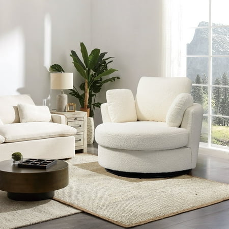 Muumblus Large Swivel Chair, Modern Oversize Accent Barrel Chair Comfy Round Armchair for Living Room, Ivory