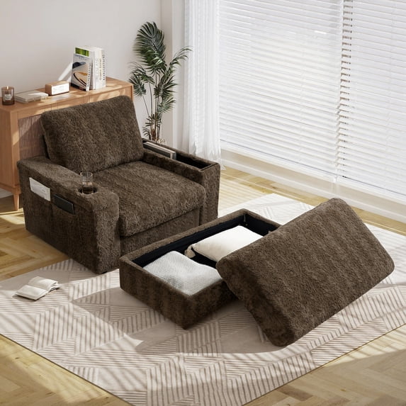 Muumblus Accent Chair with Storage Armrest & Ottoman, Cozy Leisure Armchair, Indoor Chaise Lounge, Brown Faux Rabbit Fur
