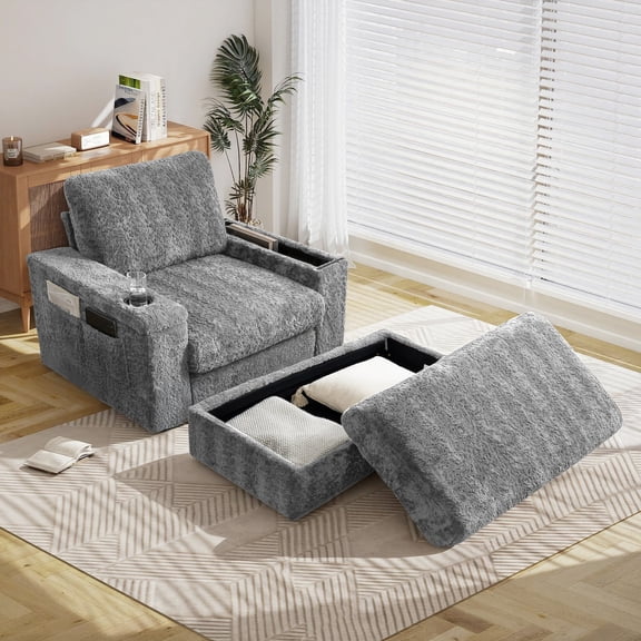 Muumblus 42" Chaise Lounge Indoor, Accent Armchair with Storage Ottoman & Armrests, Oversized Lounge Chair Sleeper Chair for Living Room, Gray Faux Rabbit Fur