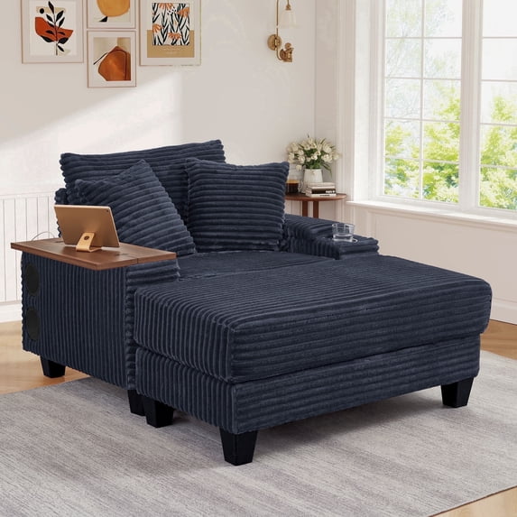 Muumblus Oversized Living Room Chair with Ottoman, Bluetooth Speaker, Rotating Table Board & USB, Cozy Indoor Lounge Reading Armchair, Gray Corduroy