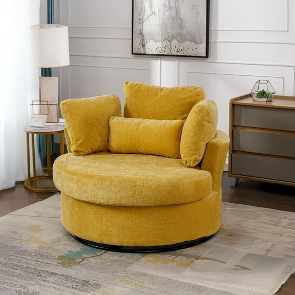 Muumblus 42"W Chenille Swivel Accent Barrel Chair, Modern Oversize Armchair Comfy Round Reading Chairs for Bedroom Living Room, Yellow