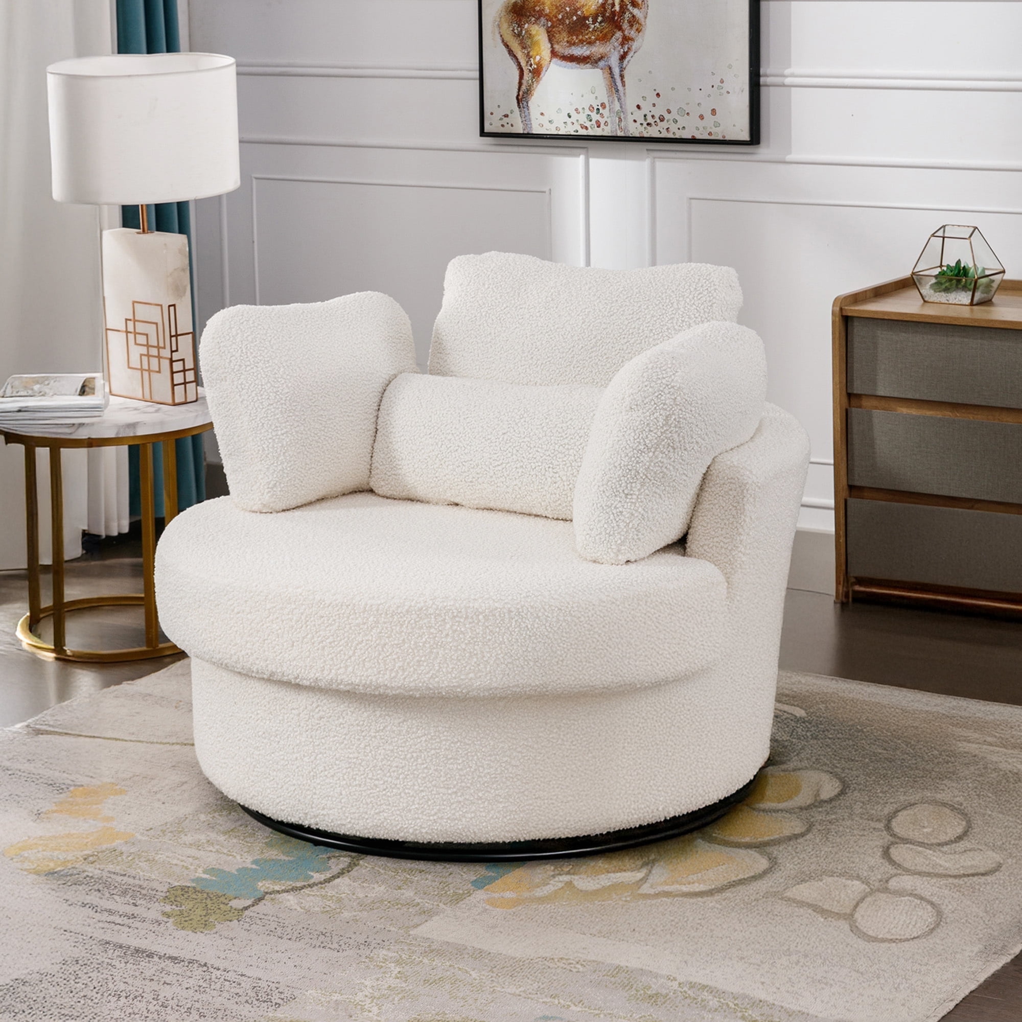 Muumblus Teddy Swivel Accent Barrel Chair, Modern Oversize Sherpa Comfy Round Reading Armchair for Living Room, Ivory