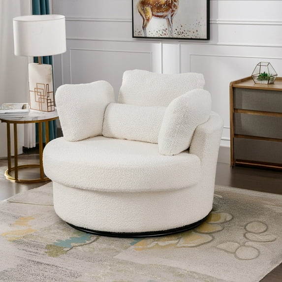 Muumblus Teddy Swivel Accent Barrel Chair, Modern Oversize Sherpa Comfy Round Reading Armchair for Living Room, Ivory