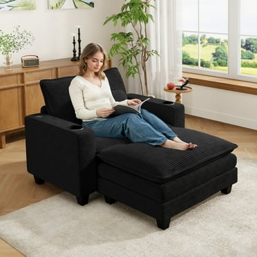 Muumblus 45.5" Oversized Accent Chair with Ottoman, Indoor Chaise Lounge Chairs Comfy Corduroy Reading Armchair for Living Room, Black