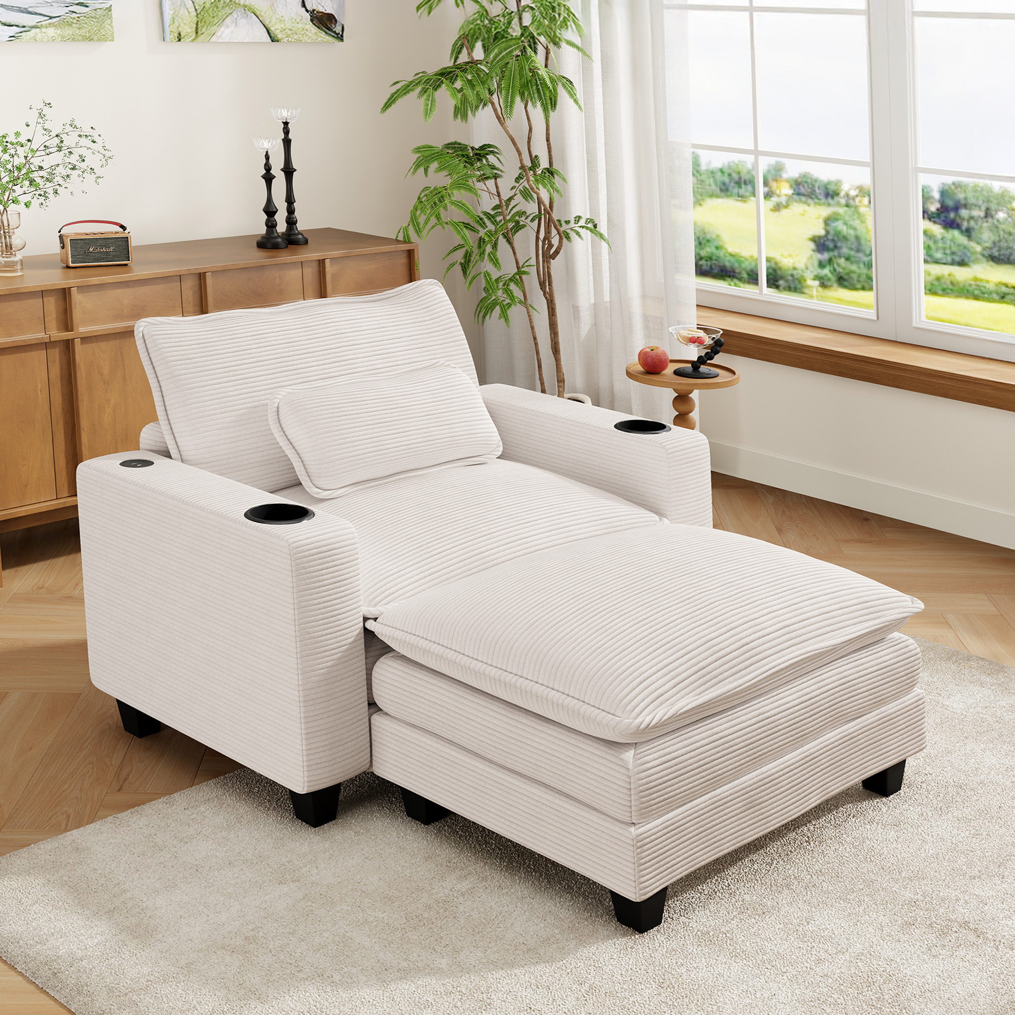 Muumblus 45.5" Oversized Accent Chair with Ottoman, Indoor Chaise Lounge Comfy Corduroy Reading Armchair with USB, Beige