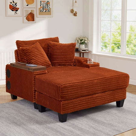 Muumblus Oversized Living Room Chair with Bluetooth Speaker, Ottoman, Rotating Table Board & USB, Cozy Indoor Lounge Reading Armchair, Orange Corduroy