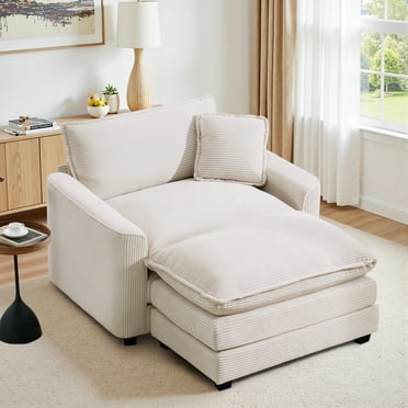 Muumblus 46" Accent Chair with Ottoman, Oversized Indoor Lounge Chair, Corduroy Sofa Armchair with Footstool, Beige