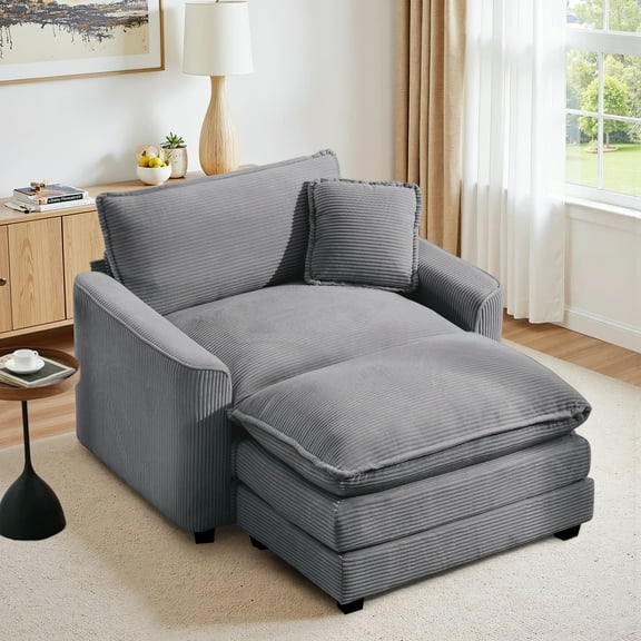 Muumblus 46" Accent Chair with Ottoman, Oversized Indoor Lounge Chair, Corduroy Sofa Armchair with Footstool, Gray