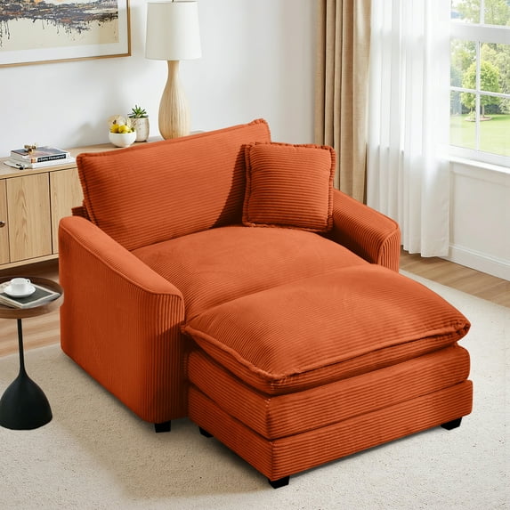 Muumblus 46" Accent Chair with Ottoman, Oversized Indoor Lounge Chair, Corduroy Sofa Armchair with Footstool, Orange