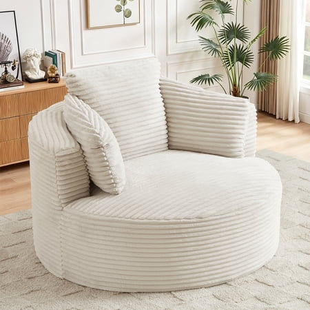 Muumblus 48.8" Oversized Accent Barrel Chair, Fluffy Round Lazy Sofa Chair for Adults, No Assembly Required, Beige Corduroy