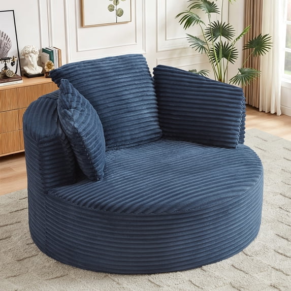 Muumblus 48.8" Oversized Accent Barrel Chair, Fluffy Round Lazy Sofa Chair for Adults, No Assembly Required, Blue Corduroy