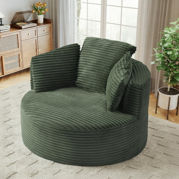 Muumblus 48.8" Oversized Accent Barrel Chair, Fluffy Round Lazy Sofa Chair for Adults, No Assembly Required, Green Corduroy