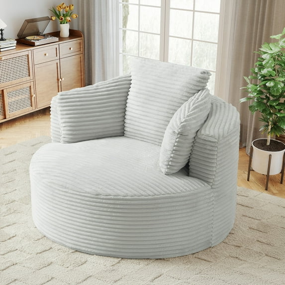 Muumblus 48.8" Oversized Accent Barrel Chair, Fluffy Round Lazy Sofa Chair for Adults, No Assembly Required, Light Gray Corduroy