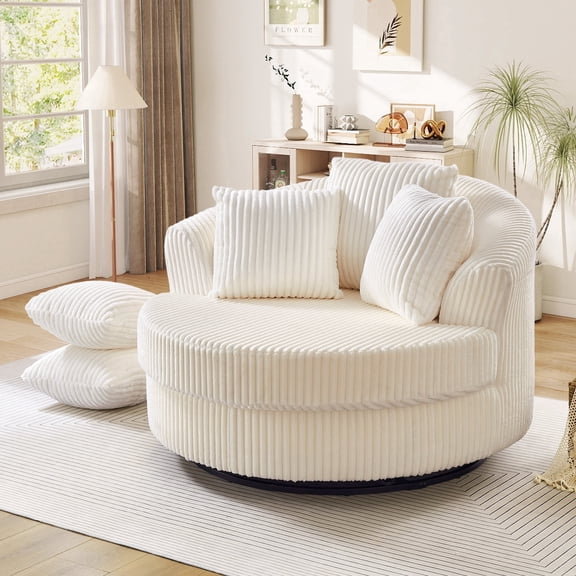 Muumblus 50" Oversized Swivel Accent Barrel Chair, Modern Lounge Chair Indoor, Round Reading Armchair for Living Room, Beige Corduroy