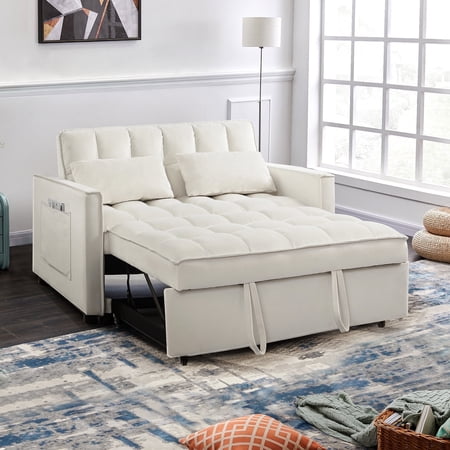Muumblus 55.5" Convertible Futon Sofa Bed, Small Space Loveseat Sleeper with Pull Out Bed, Modern Velvet Sofa Couch for Living Room, Adjsutable Backrest, Beige