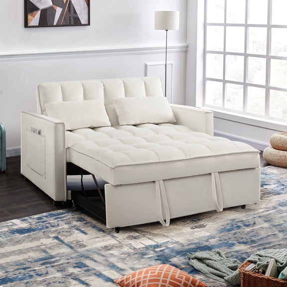 Muumblus 55.5" Convertible Futon Sofa Bed, Small Space Loveseat Sleeper with Pull Out Bed, Modern Velvet Sofa Couch for Living Room, Adjsutable Backrest, Beige